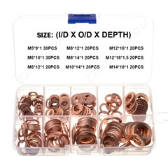 200pcs Copper Washer Gasket Set Flat Ring Seal Assortment Kit with Box M5-M22