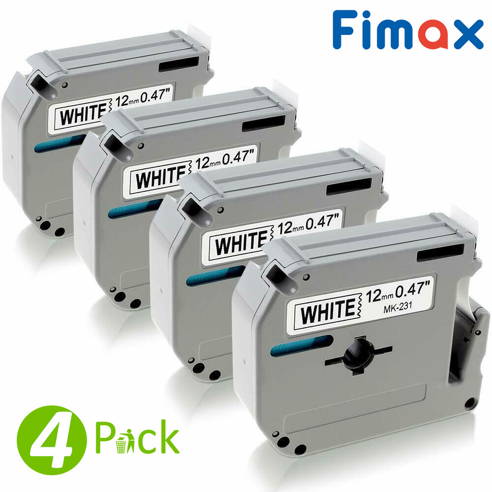 4PK Label Tape M-K231 MK231 M231 Black on White 12MM 1/2″ for Brother PT-65