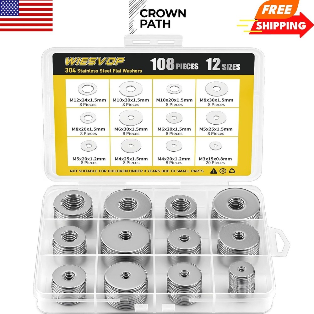 304 Stainless Steel Flat Washers,108Pcs Fender Washers Assortment Kit 12 Sizes