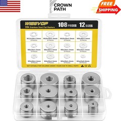 304 Stainless Steel Flat Washers,108Pcs Fender Washers Assortment Kit 12 Sizes