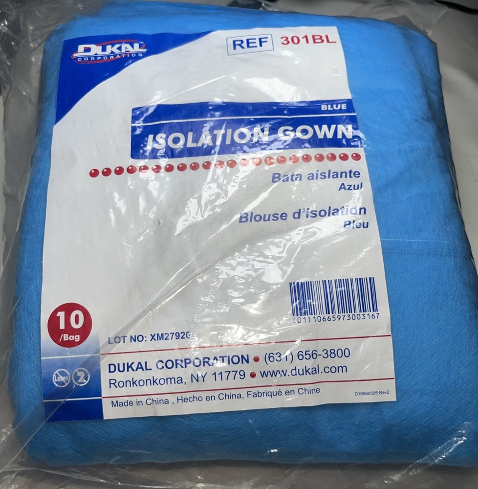 Dukal 301BL Isolation Gowns Universal Blue 10 Count Bag