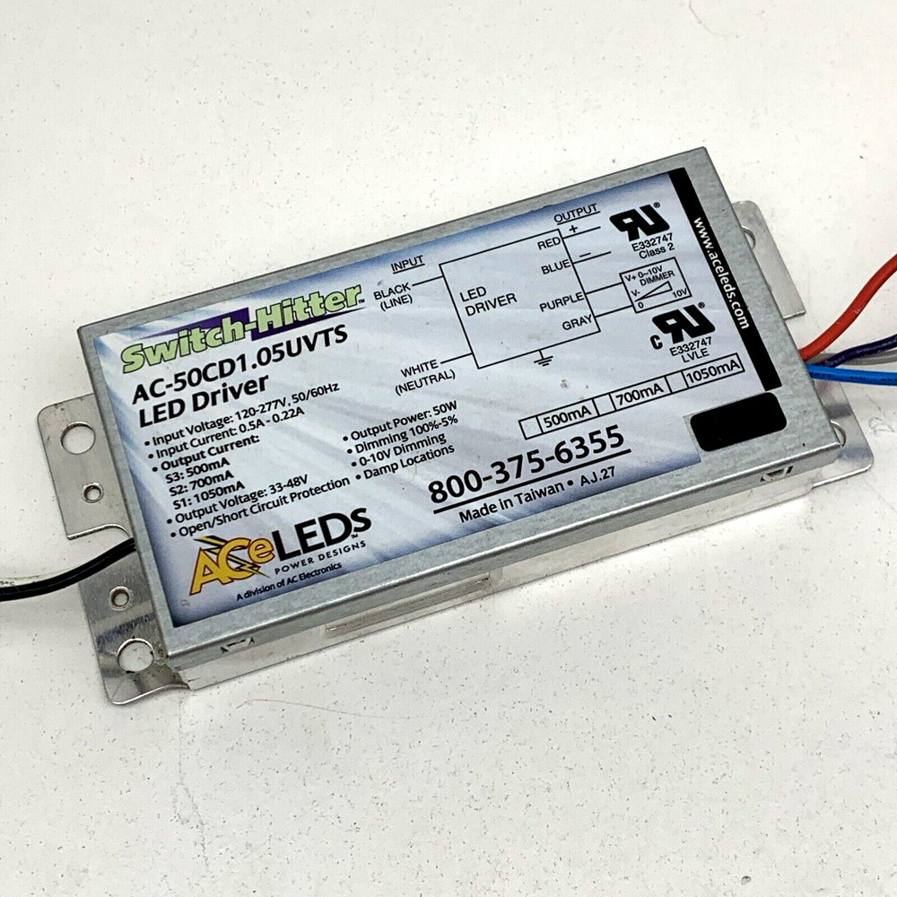 ACE AC-50CD1.05UVTS Dimming 50W LED Driver Switchable 500-700-1050mA, 33-48VDC
