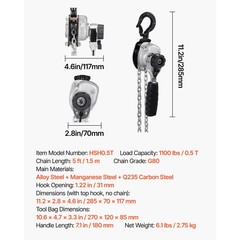 Uimoso Manual Lever Chain Hoist 1/2T 1100lbs 5ft Lift Alloy Steel Lifting Tasks