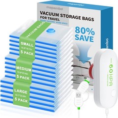 15 Pack Vacuum Seal Bags for Clothing Travel with -60000Pa USB Pump, Save 80% of