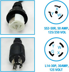 NEMA 3Ft L14-30P to 50A SS2-50R with Locking Ring 120V/240 30 Amp 4 Prong Male t