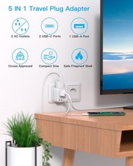 Brazil Power Adapter, Type N Plug with 2 Outlets 3 USB Ports for Travel