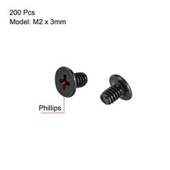 200 Pcs M2x3mm Black Screw Fastener for Laptop PC TV Fan 3.8mm Dia Screw Head