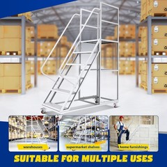 6 Step Rolling Ladder for Industrial & Warehouse w/ Handrails & 4 Lockable Wheel