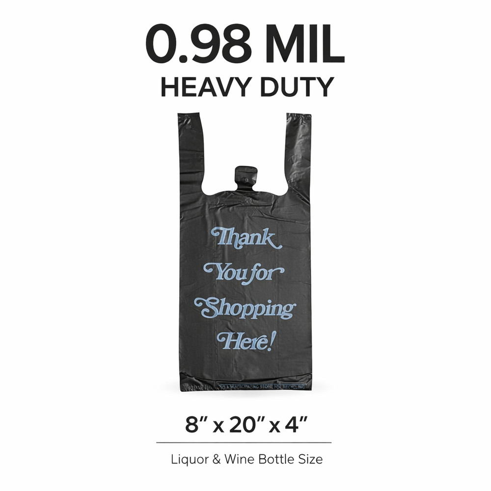 Black Thank You Liquor Bottle Bags 8x20x4 Heavy Duty 0.98 Mil (50-1000)