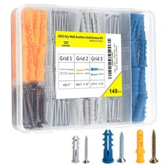 140pcs Drywall Anchors and Screws #5 (1”), #6 (1-1/5”), #7 (1-1/4”), ferrous