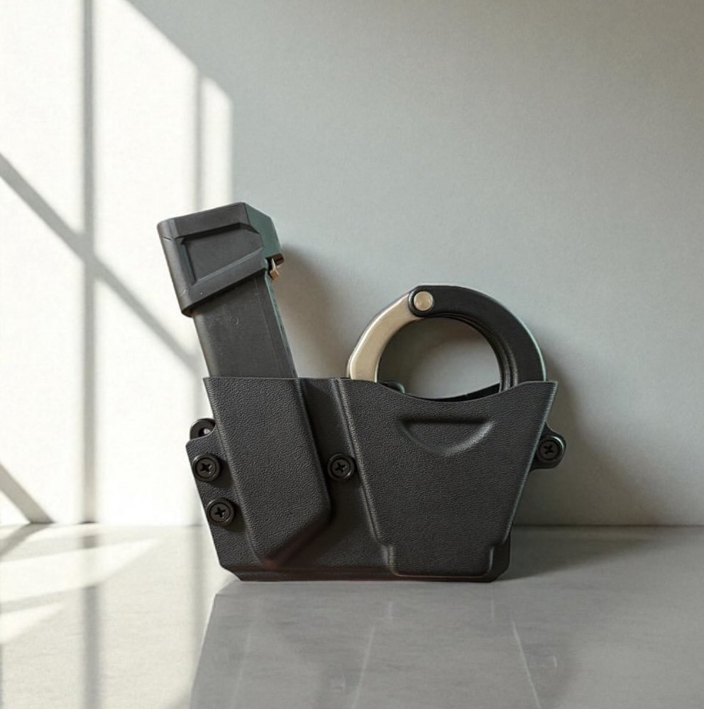 Peerless Hinged 801 Handcuff + Pistol Mag Carrier, Black, Molle-Lok, Glock