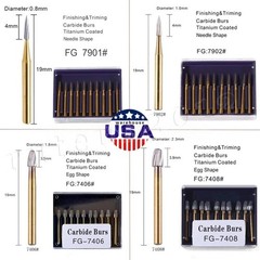 10*Tungsten Carbide Gold Burs Trimming Finishing FG7901 /7902/ 7406 /7408 Dental