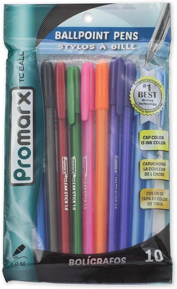 Promarx Fashion Stick Ballpoint Pens, 1.0 mm, Assorted Colored Ink, 10-Count