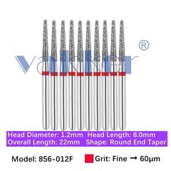 Vakker 10pc Dental 856-012F Diamond Burs Fine Grit Friction Grip Round End Taper