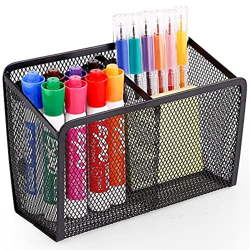 Magnetic Pencil Holder – Extra Strong Magnets Mesh 2 Baskets 1 Pack Black