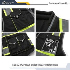 10 Pockets Hi-Vis Zipper Front Black Safety Vest | Cushioned Collar | High Re…