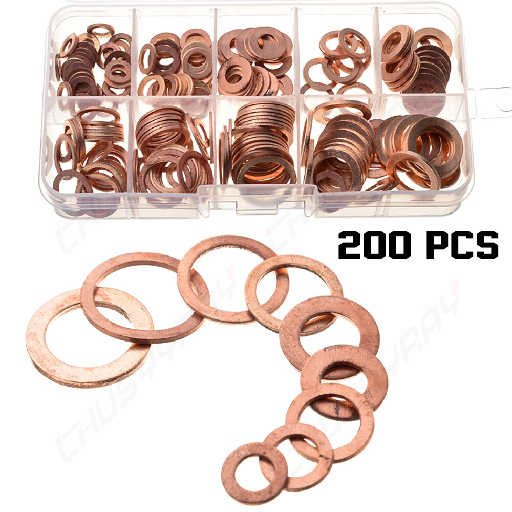 200pcs Copper Washer Gasket Set Flat Ring Seal Assortment Kit with Box M5-M22