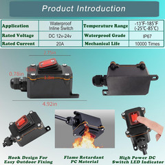 12V Inline Cord Switch IP67 Waterproof, 20A Outdoor On/Off Toggle Switch DC 12V-