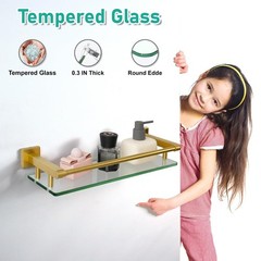 16 Inch Brusheld Gold Bathroom Glass Shelves with Stainless Steel Railing, Te…