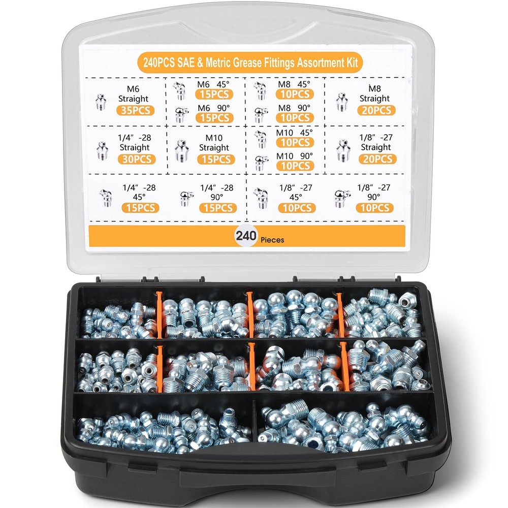 240Piece Grease Fittings Assortment, SAE & Metric Zerk Grease Fittings 1/4″, …
