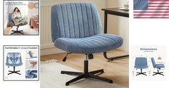 Office Desk Chair Wide Seat Swivel Adjustable Height Armless Blue Fabric