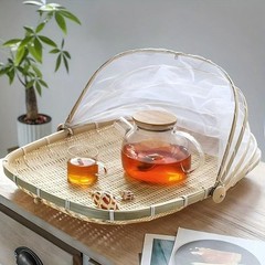Hand Woven Bamboo Serving Basket with Removable Gauze Food Cover Lightweight