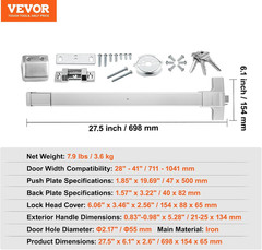 Door Push Bar Panic Exit Device, 28” Stainless Steel Commercial Emergency