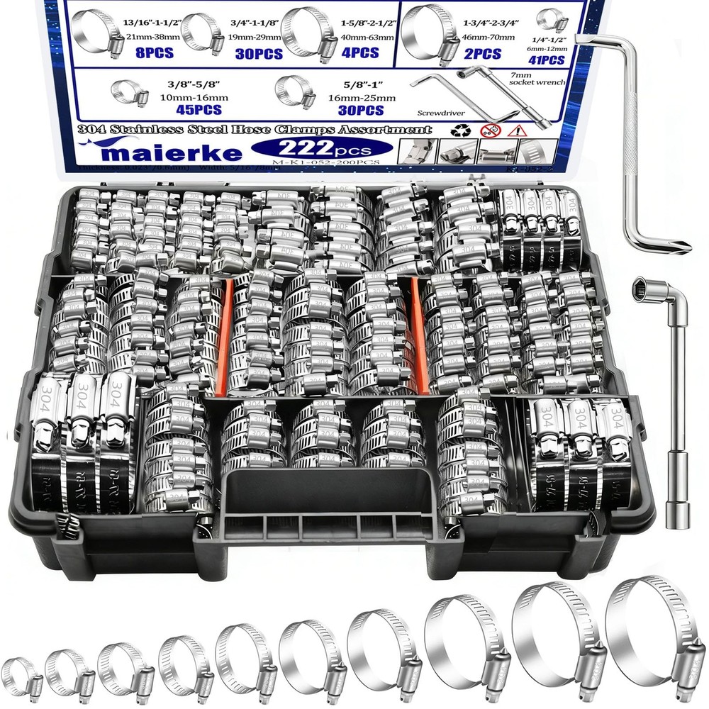 maierke 222PCS 304 Stainless Steel Hose Clamps Assortment 222pcs, Silver