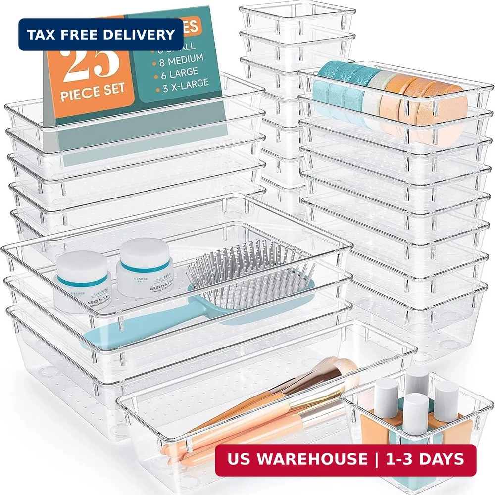 WOWBOX 25 PCS Clear Plastic Drawer Organizer Set, 4 Sizes Desk Drawer Divider Or