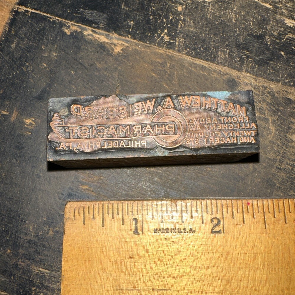 Print Block “ Matthew A. Weisbard Pharmacist “ Philadelphia PA, Copper Face￼