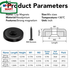 LOVIMAG Strong Neodymium Cup Magnets, 3 Sizes, 12Pcs Black Heavy Duty with Count