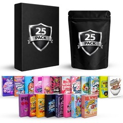 25 Pack 3.5g Mylar Bags with Matching Boxes Assorted Designs Foil Zip Pouches