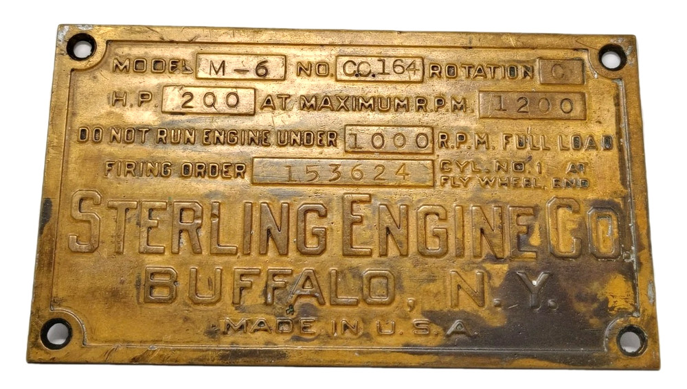 VTG Sterling Engine Co Buffalo New York Brass Tag Engine ID Name Plate Plaque