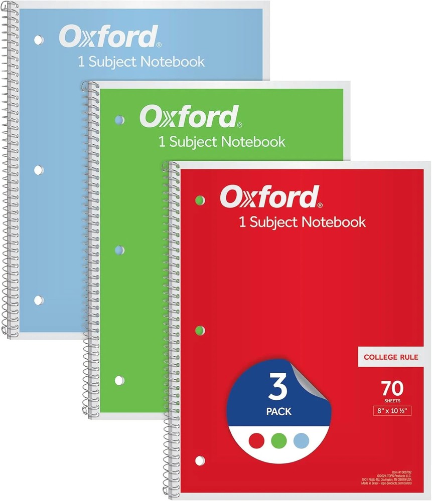 Oxford 1-Subject Notebooks, 3 Pack, 8 x 10.5 Inches, College Rule, 70 Sheets