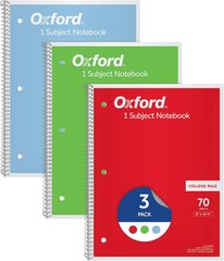 Oxford 1-Subject Notebooks, 3 Pack, 8 x 10.5 Inches, College Rule, 70 Sheets