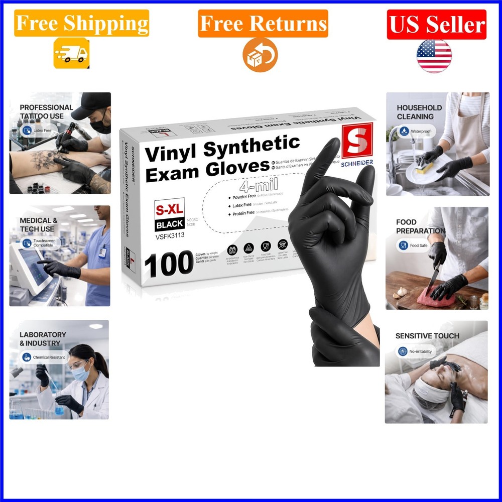 Black Vinyl Exam Gloves 4 Mil, Large, Pack of 100, Latex-Free, Waterproof
