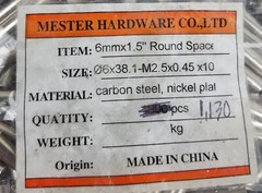 1,130 Mester 06×38.1-M2.5×0.45×10 Round Spacer Carbon Steel Nickel Plated NEW