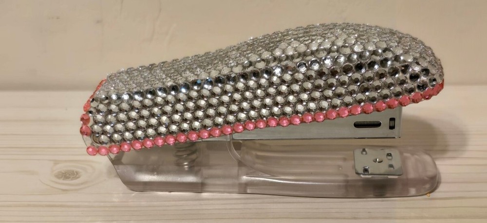 Avon Pink & Silver Shiny Girly Bejeweled Small Stapler Office Supply- Used