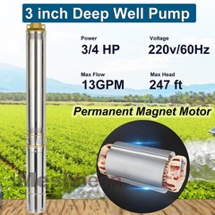 1HP 4″ Deep Well Submersible Pump 220V 37GPM 207FT Max 100ft Cord w/Control box