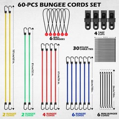 60PCS Bungee Cords Assorted Sizes Heavy Duty Elastic Tie Down Hooks Set