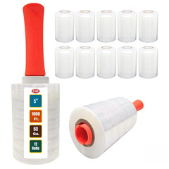 12 Pack Industrial Strength Mini Hand Stretch Wrap with 2 Plastic Handles, 60 Ga