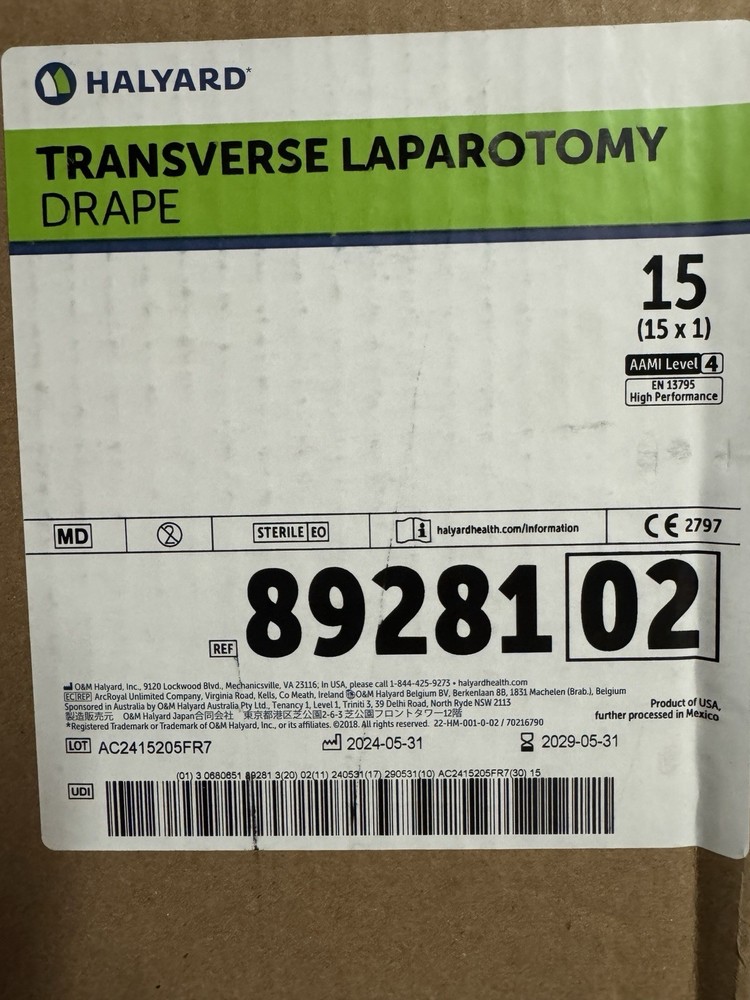 Halyard 89281 Transverse Laparotomy Drape – AAMI Level 4, Case Of 15 Packs, 2029