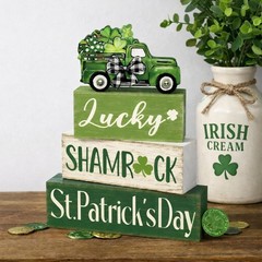 4 Pcs St Patrick’s Day Table Decorations Green Shamrocks Wooden Signs Block Fa