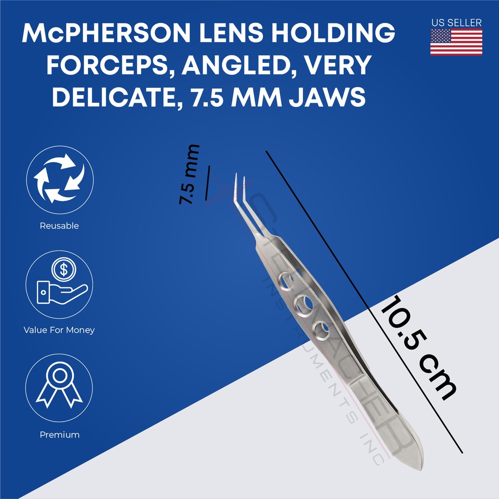 McPherson Lens Holding Forceps, 7.5mm long jaws, angled, very delicat,