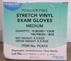 Case of 1000 ProCure Stretch Vinyl Exam Gloves, Powder Free, Medium, New S3