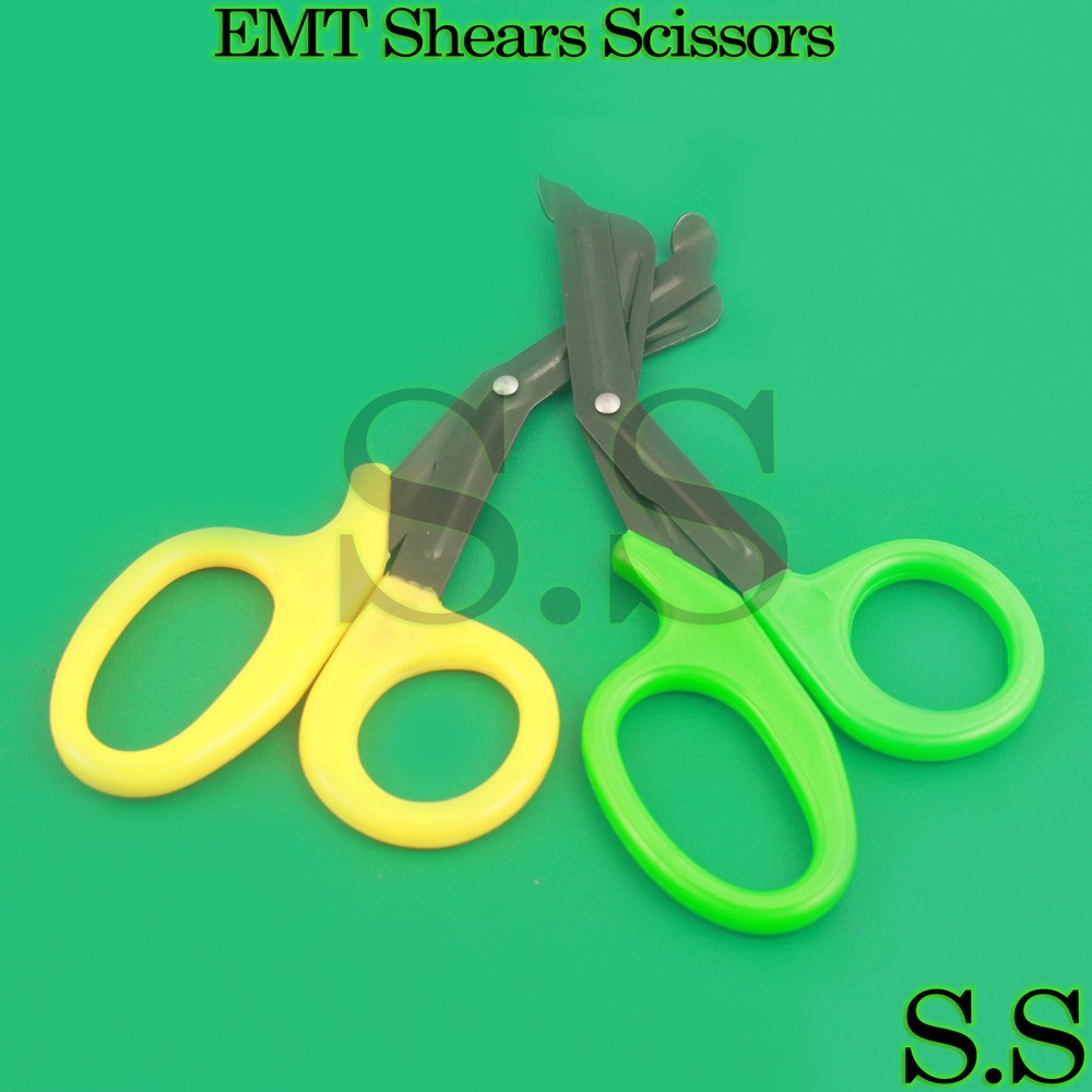 Set Of 2 ( YELLOW- GREEN ) Fluoride Black Coated Trauma Paramedic EMT Shears