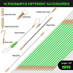 22FT Fiberglass Running Wire Cable Glow Rods Wire Pulling, Fish Rods Kit with