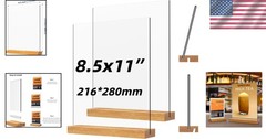 Acrylic Sign Holder with Beech Wood Base 8.5×11 Inch 2 Pack Vertical and Slan…