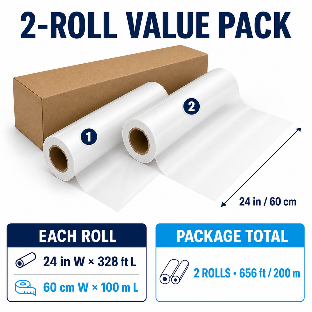 24in x 328ft DTF PET Transfer Film Double Sided Matte Universal Peel 2 Rolls