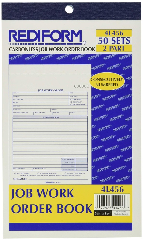 Work Order Book, Two-Part Carbonless, 5.5 x 9.125 Inches, 50 Forms per Book